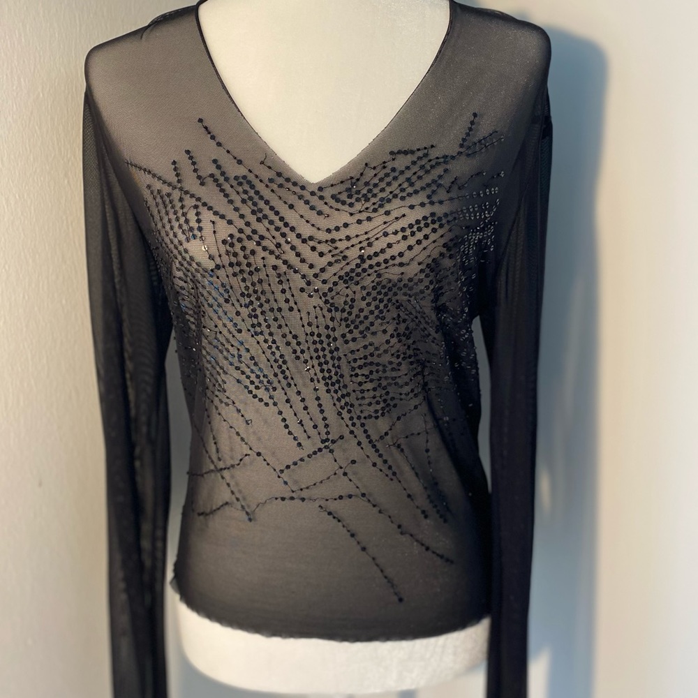 Bebe Black Sequin Sheer Blouse Top ~ Large
